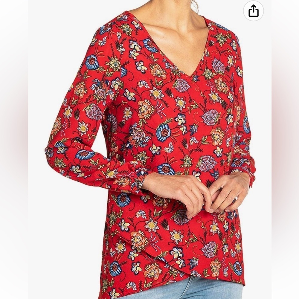 Chelsea & Theodore Women Long-Sleeve Crossover Woven Top Red Floral Paisley SzL
